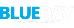 Logo for Blueday der Blue er skrevet med blå bokstaver og day er skrevet med hvite bokstaver. Under Blueday står ordet Technology.