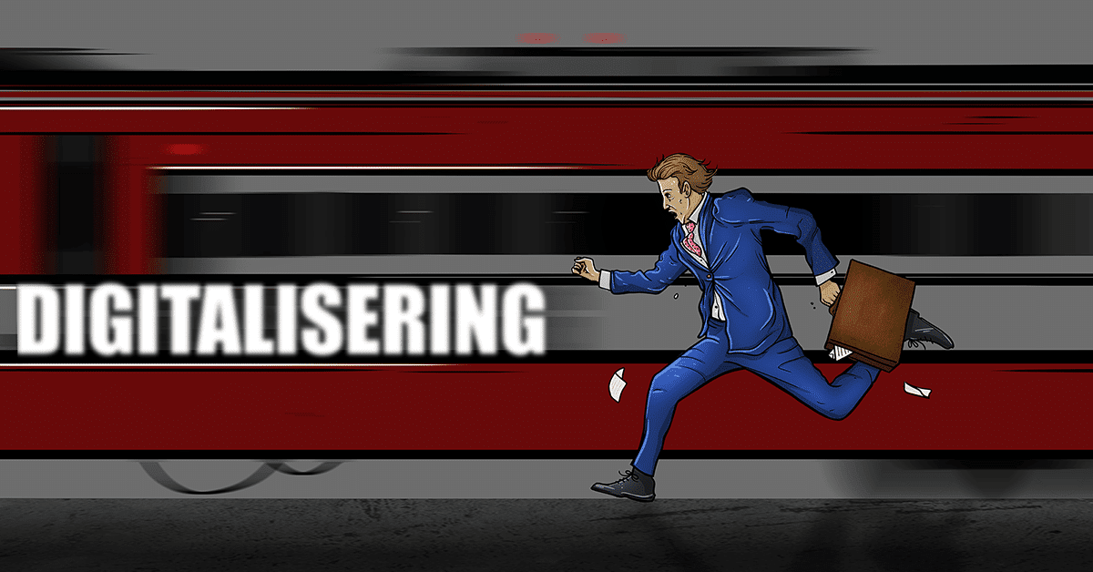 Tegning av mann i dress og med stresskoffert som løper ved siden av et tog det står digitalisering på