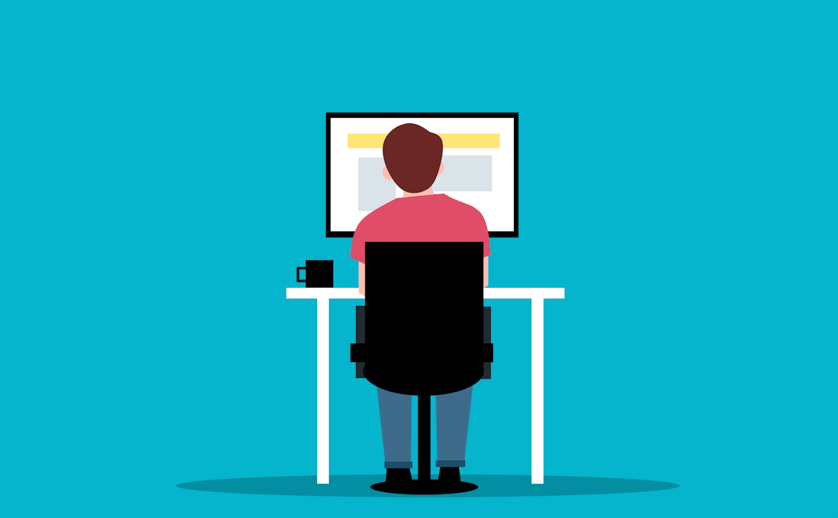 Illustrasjon av mann som sitter med ryggen til og jobber på en PC