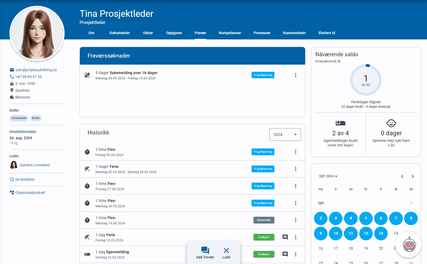 Skjermbilde av Proplan HRM som viser fraværsoversikt per ansatt.