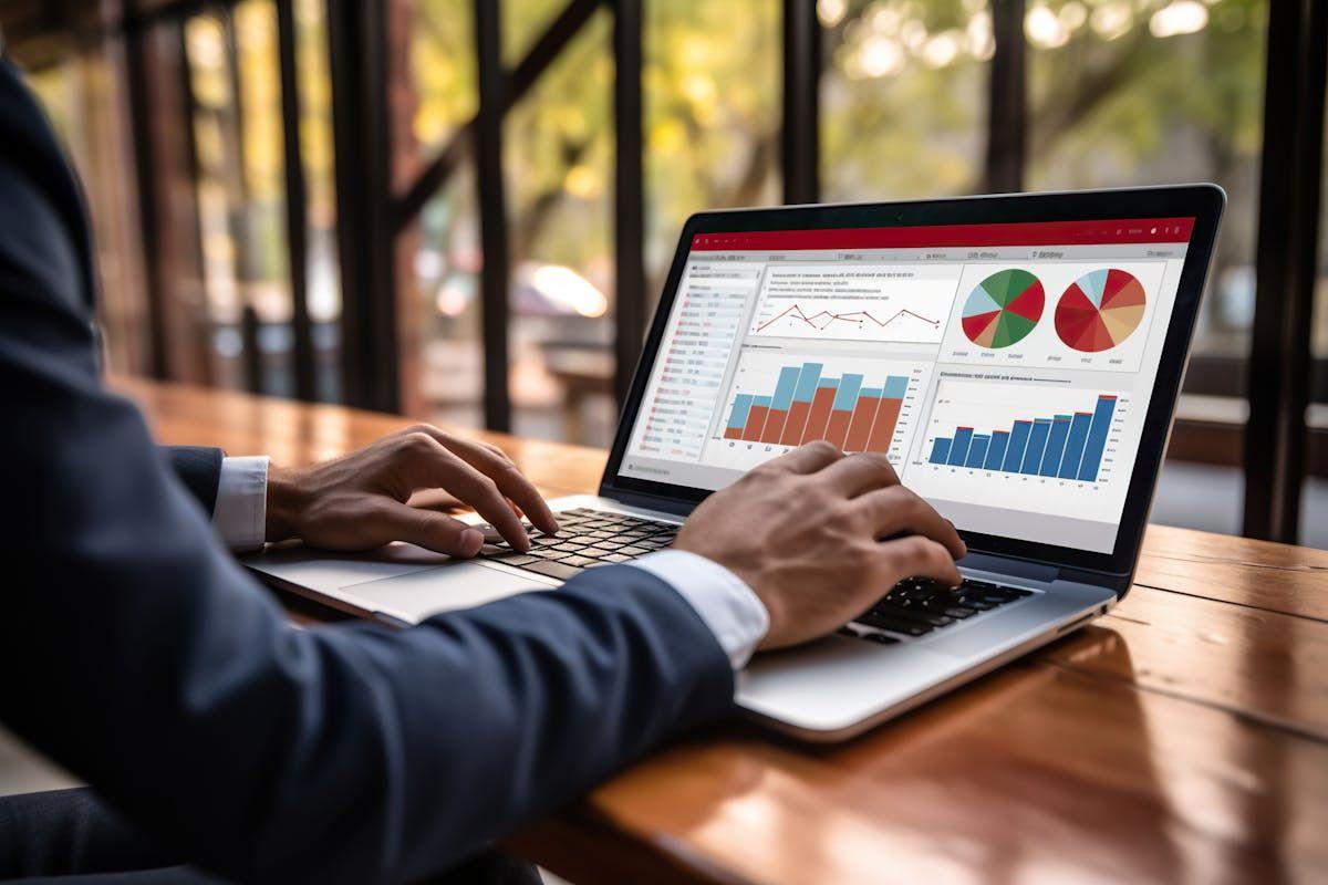 Hendene til en mann jobber med Power BI på en laptop som viser forskjellige grafer og diagrammer