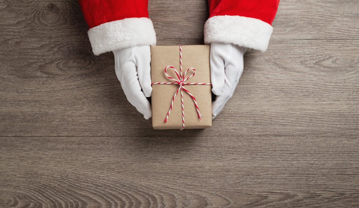 To hender med julenissetema holder frem en innpakket julegave