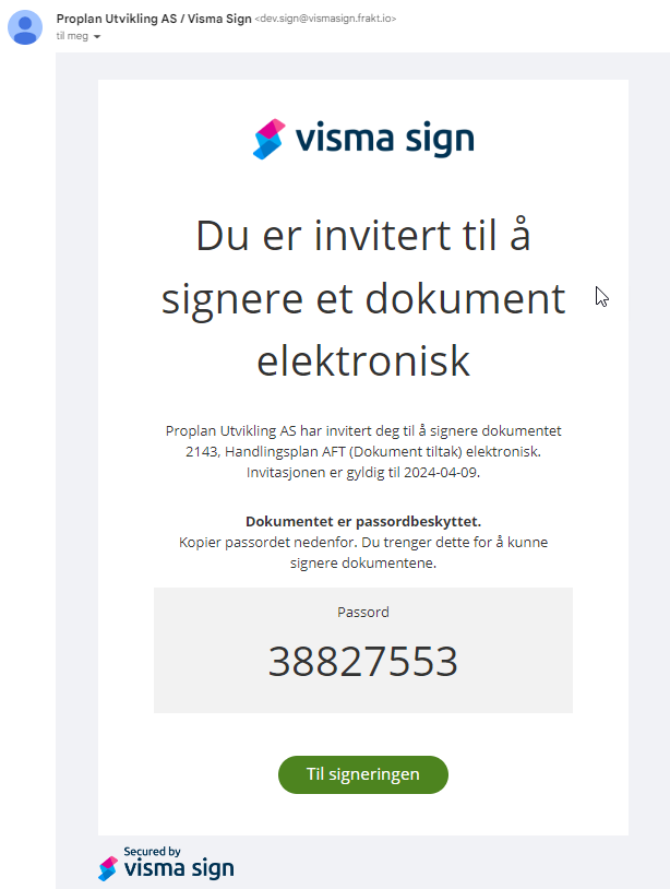 Skjermbilde av invitasjon til å signere dokument elektronisk med Visma sign