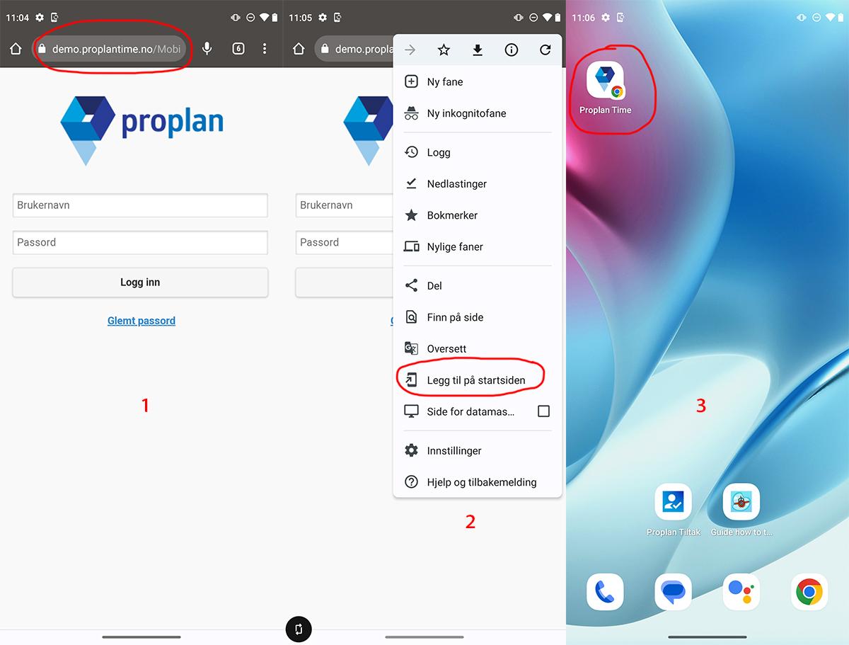 Bilde av installasjonsstegene du trenger for å få Proplan Time PWA-løsning på mobilen