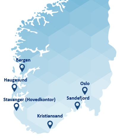 Kartutsnitt fra sør-norge der byene med Proplan kontor er merket av